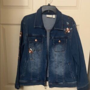 Chico's Blue Denim Jacket with Floral Embroidery